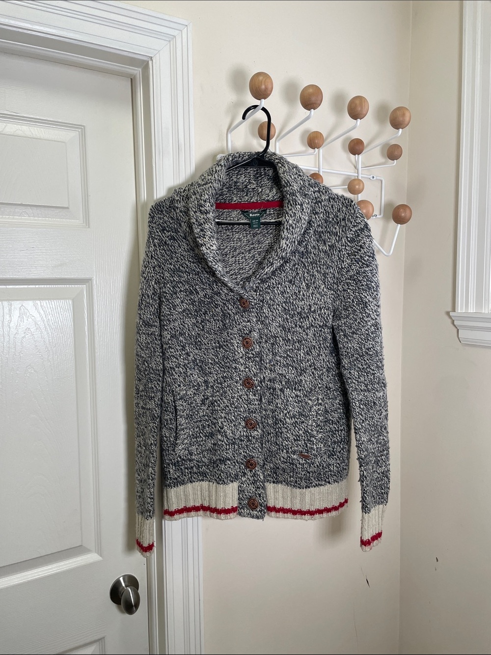 Roots Wool Blend Shawl Collar Button Cardigan Cream Grey - XS